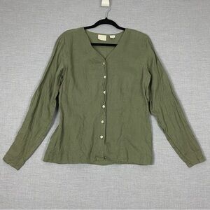 Gap Linen Shirt Sz Large Green Long Sleeve Button Up V Neck